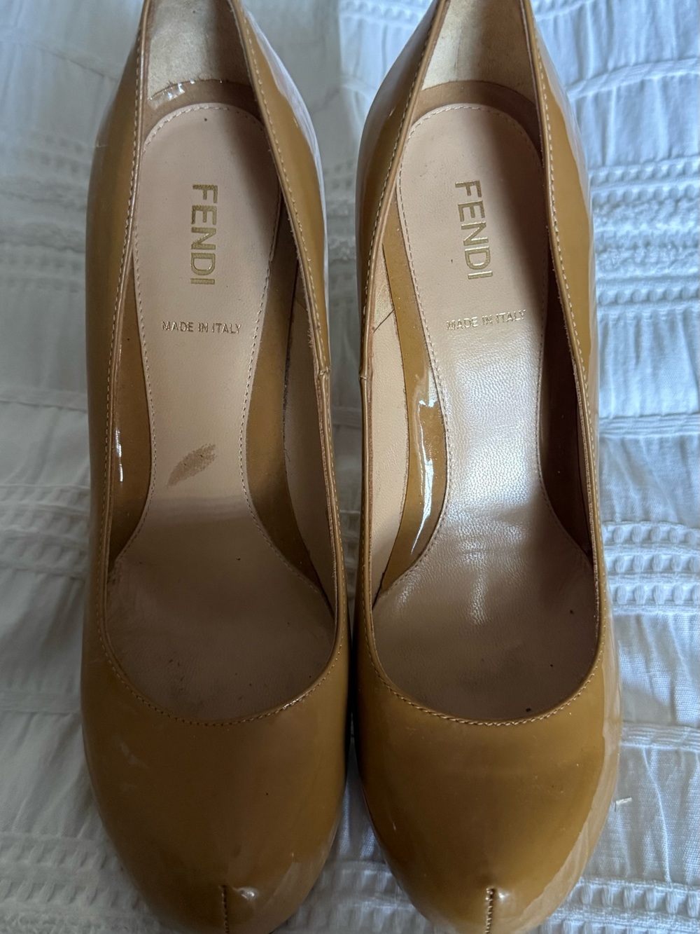 Fendi Patent Leather Round-Toe Pumps in Camel
No box or dust bags